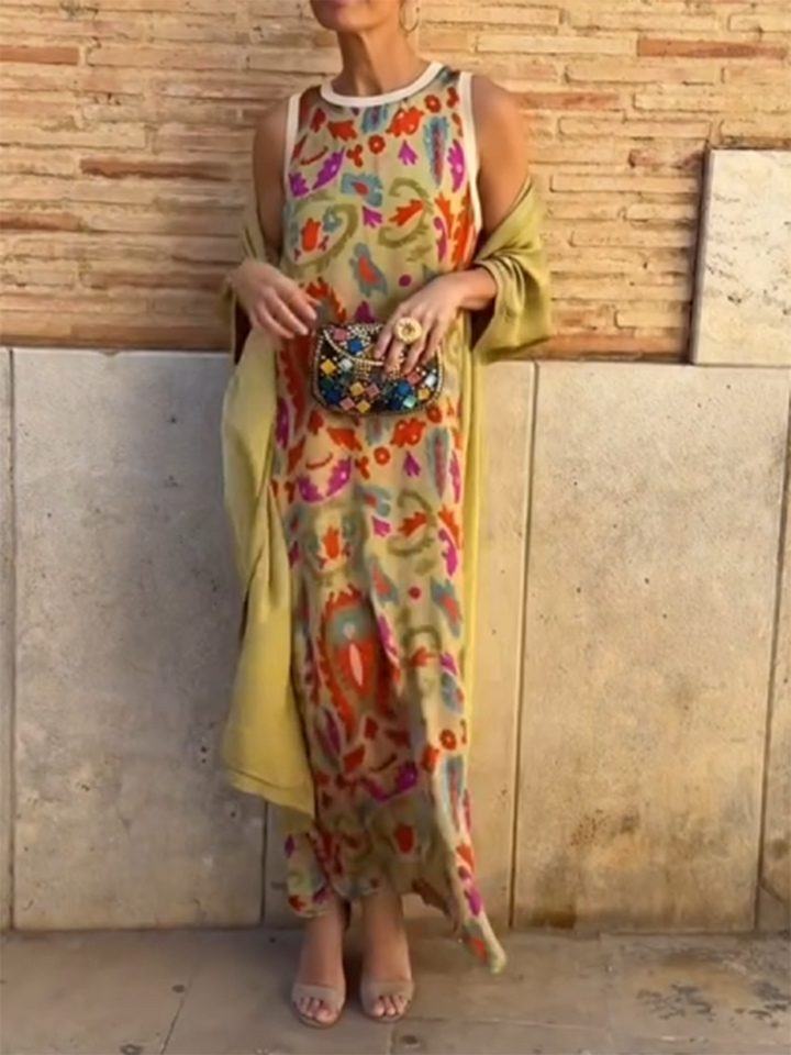 Vilma - Satin Cardigan Cover and Printed Sleeveless Dress