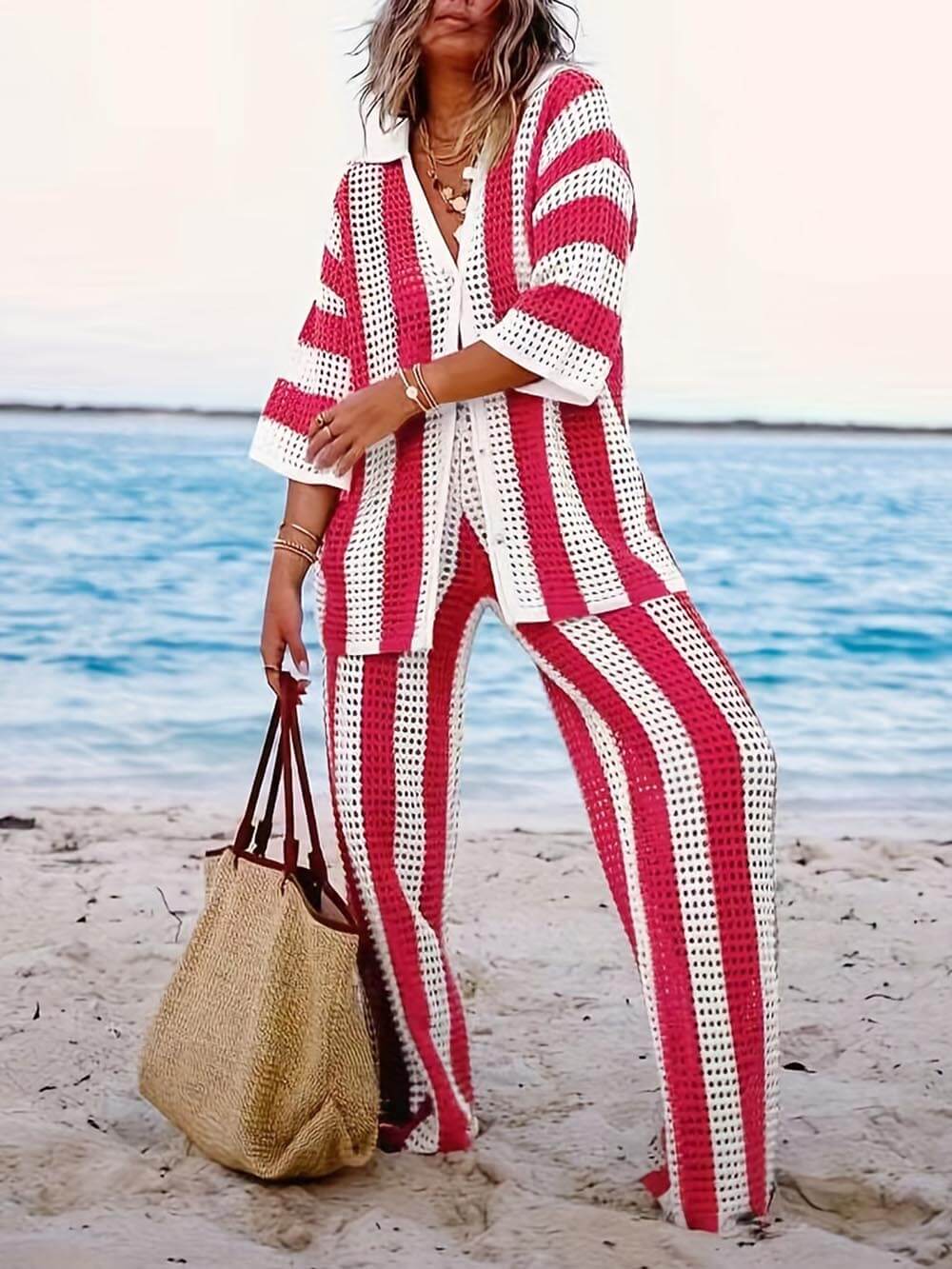 Amelia™ - Striped Hollow Out Top And Pants Set