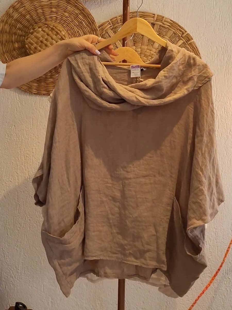 Pia - Solid Color Draped Neck 3/4 Sleeve Comfortable Casual Linen Pocket Top