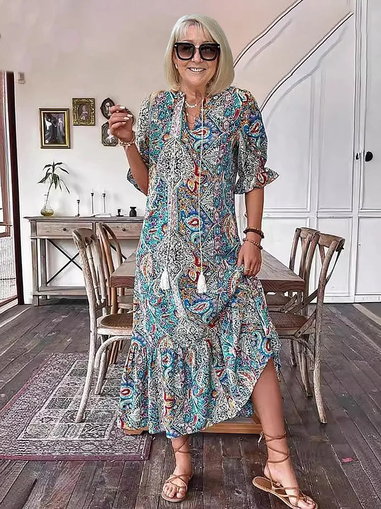 Mevelyn - Bohemian Paisley Tassel Tie Dress
