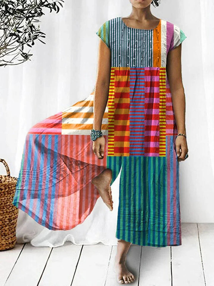 Rowena - Colorful Patchwork Striped Cotton Linen Top, Pant, Jumpsuit and Dress