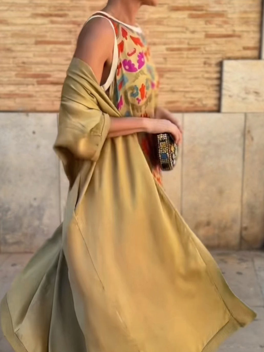 Vilma - Satin Cardigan Cover and Printed Sleeveless Dress
