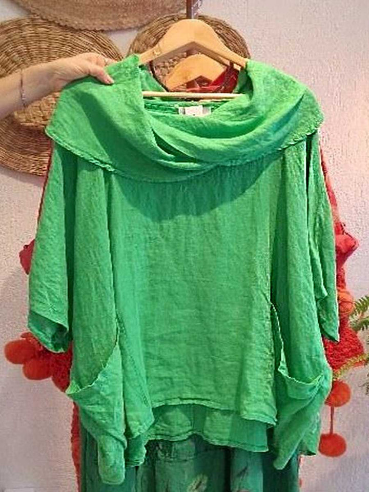 Pia - Solid Color Draped Neck 3/4 Sleeve Comfortable Casual Linen Pocket Top