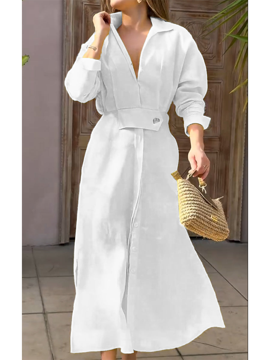 Olly - Waisted Linen Cotton Long Sleeve Dress