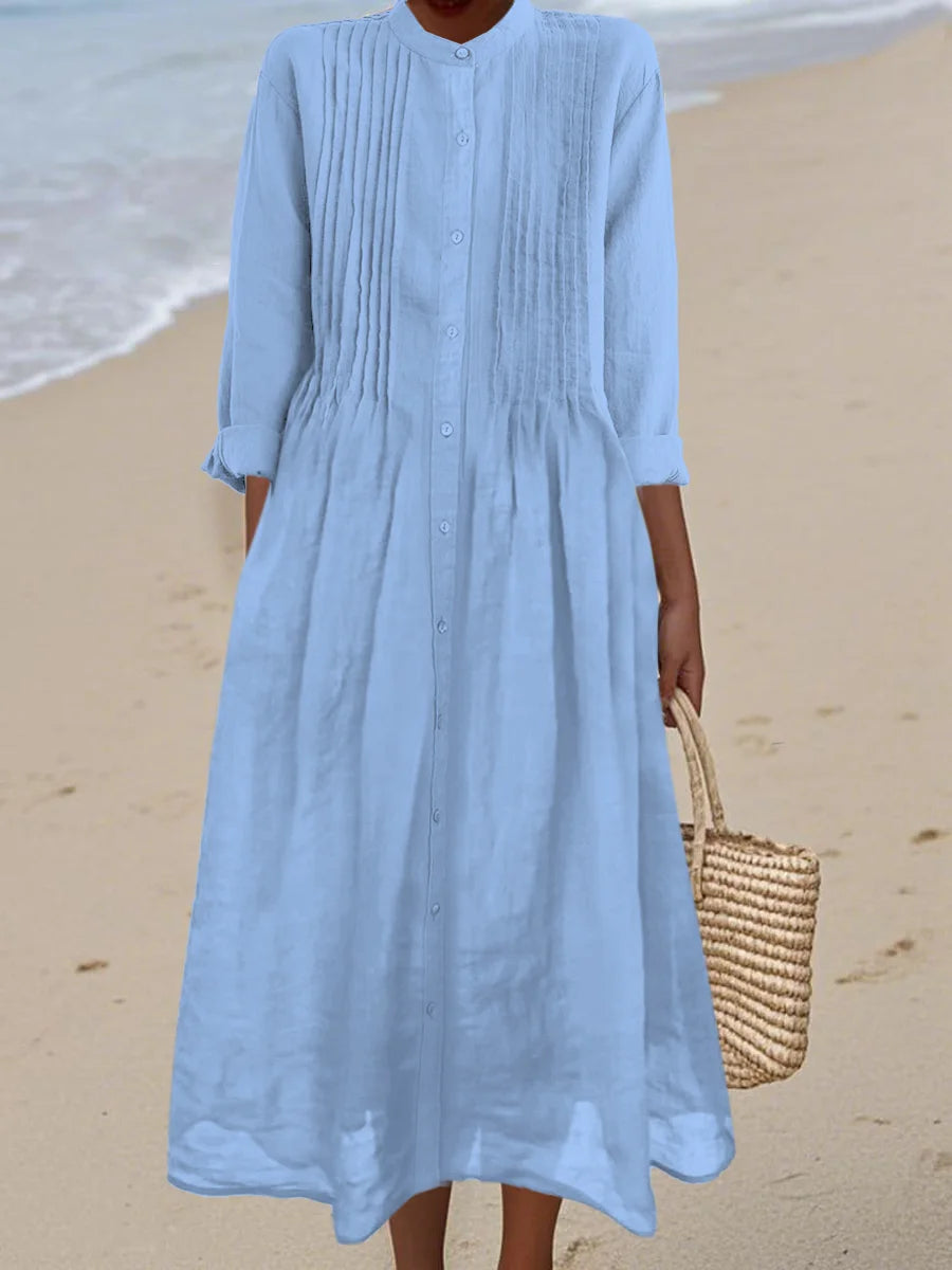 Lisa - Pleated Cotton and Ramie Long-sleeved Dress