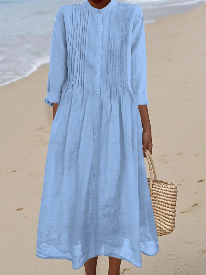 Lisa - Pleated Cotton and Ramie Long-sleeved Dress