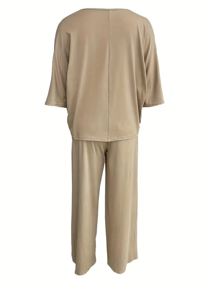 Mia™ - Casual V Neck Top with Wide Leg Pants Set