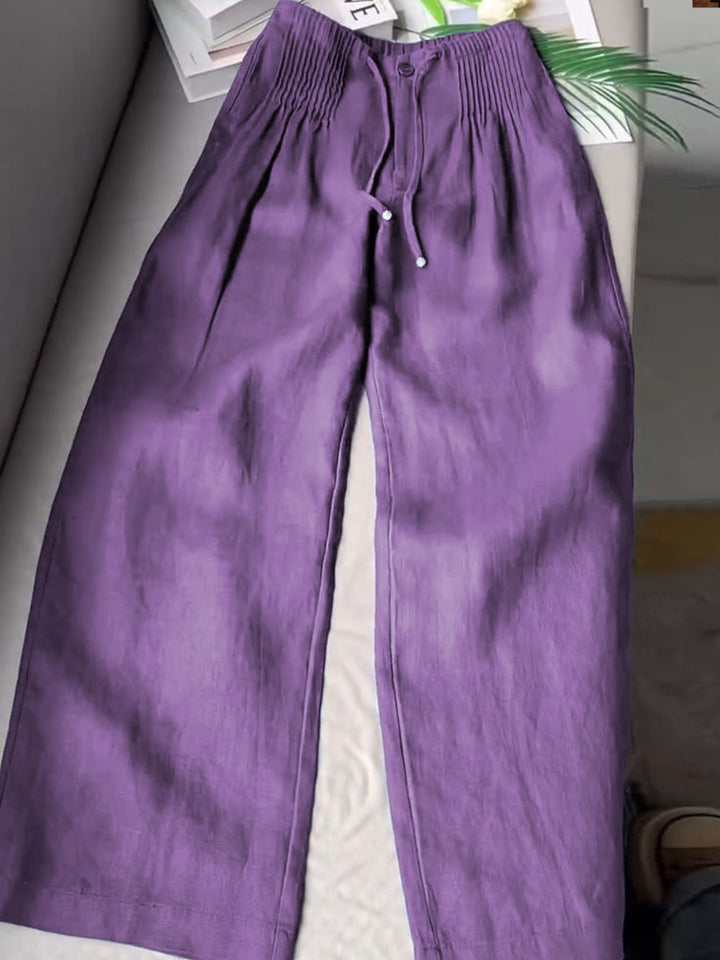 Seina - olid Color Pleated Drawstring Casual Cotton and Linen Wide Leg Pants