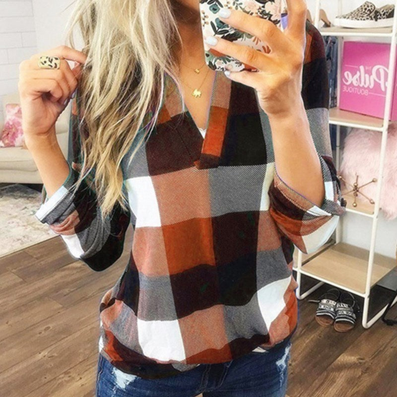 SAMIYA™ - Casual V-Neck Plaid Long Sleeve Blouse