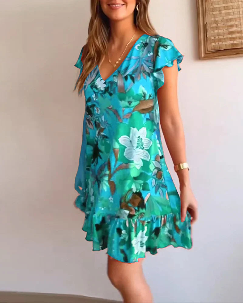 Floral Dress With V-Neck and Ruffles