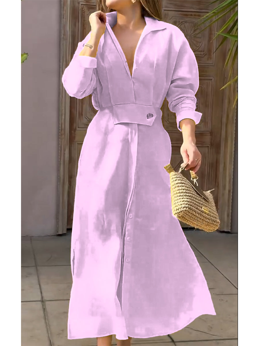 Olly - Waisted Linen Cotton Long Sleeve Dress