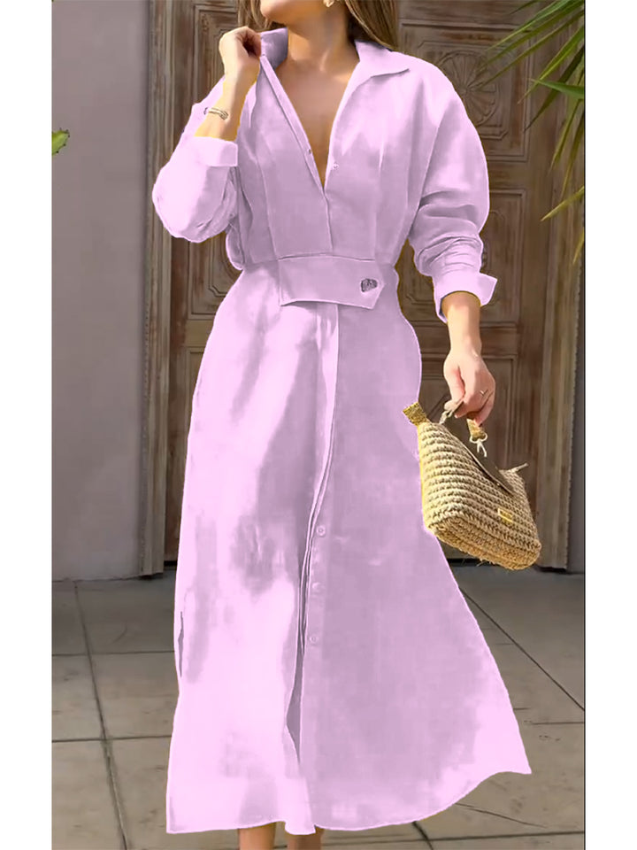 Olly - Waisted Linen Cotton Long Sleeve Dress