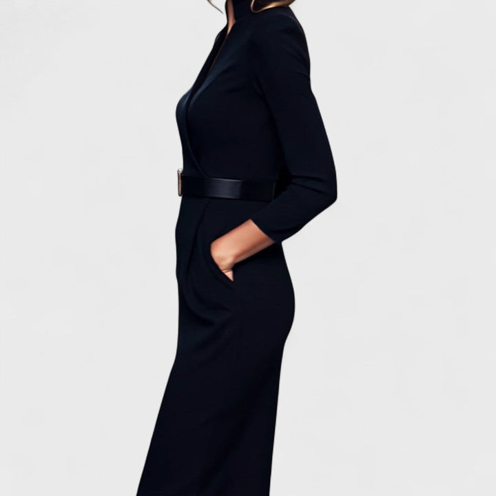 Mandarin | Elegant Black Dress with Belt and Mandarin Collar