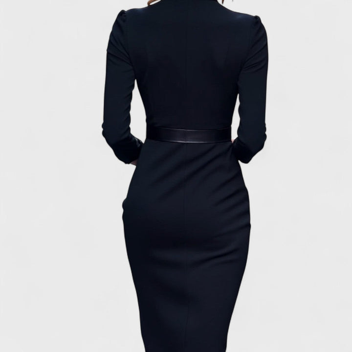Mandarin | Elegant Black Dress with Belt and Mandarin Collar