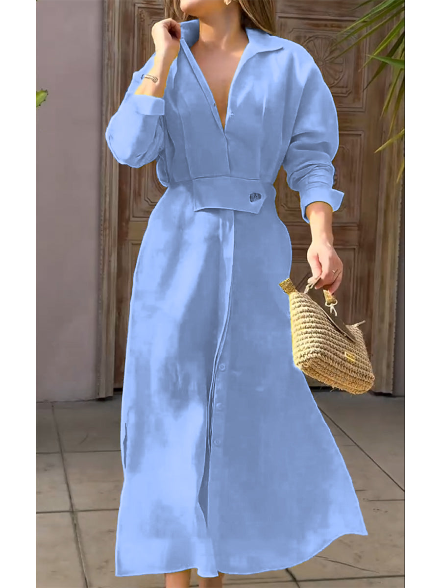 Olly - Waisted Linen Cotton Long Sleeve Dress