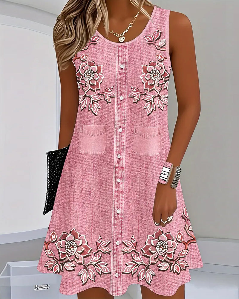 Elaya™ | Floral Denim Midi Dress