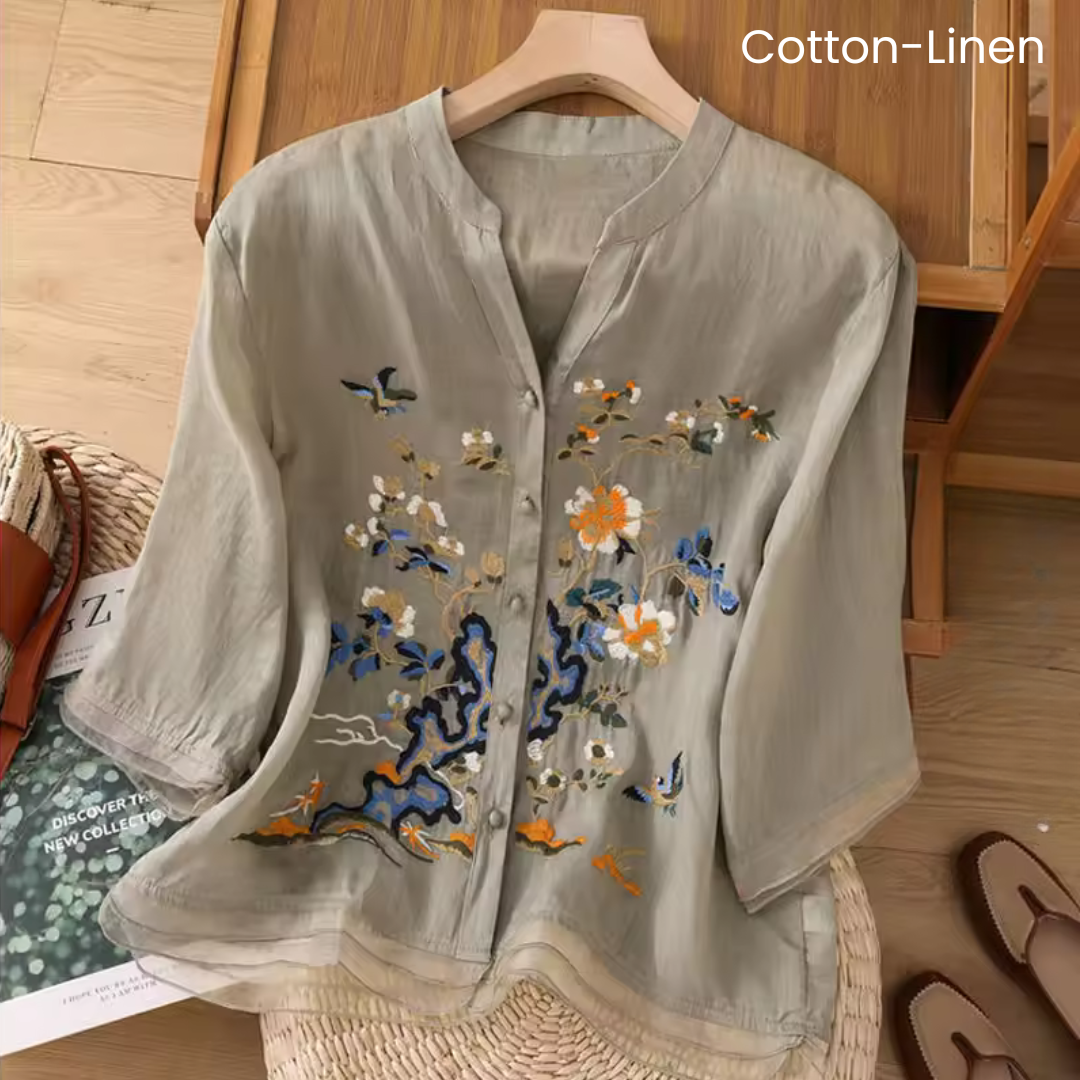 Lila - cotton-linen top with floral design