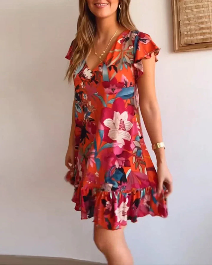 Floral Dress With V-Neck and Ruffles