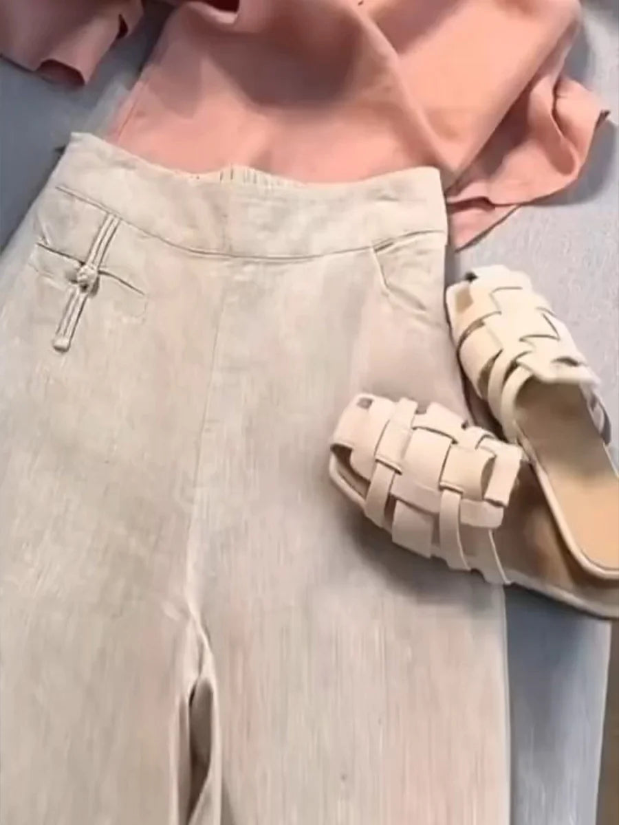 Hariet - Solid Color Button Half Elastic High Waist Casual Cotton and Linen Wide Leg Pants
