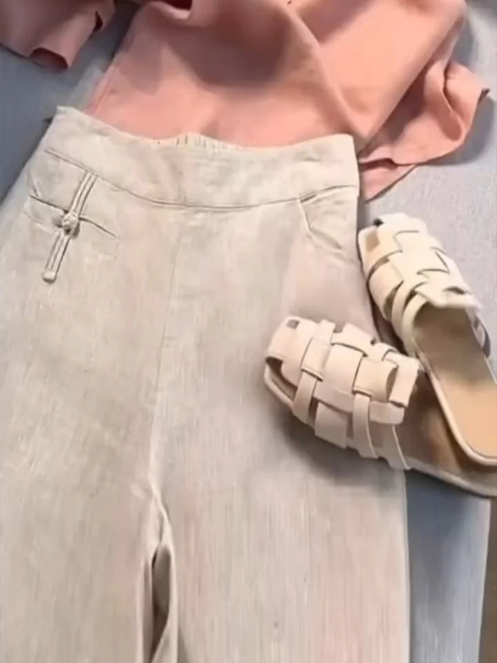 Hariet - Solid Color Button Half Elastic High Waist Casual Cotton and Linen Wide Leg Pants
