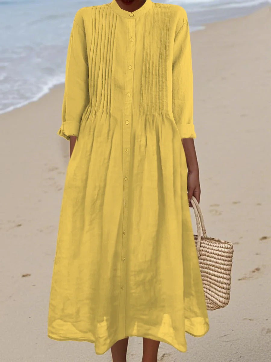 Lisa - Pleated Cotton and Ramie Long-sleeved Dress