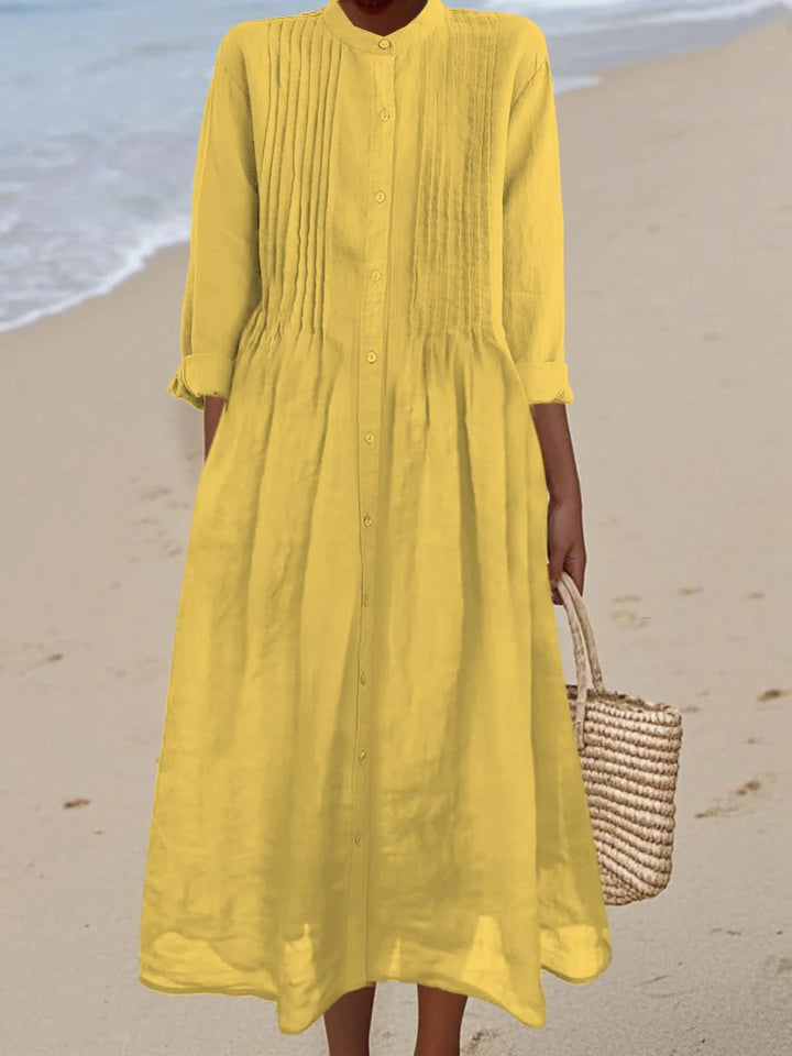 Lisa - Pleated Cotton and Ramie Long-sleeved Dress