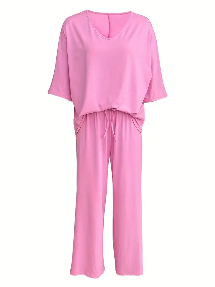 Mia™ - Casual V Neck Top with Wide Leg Pants Set