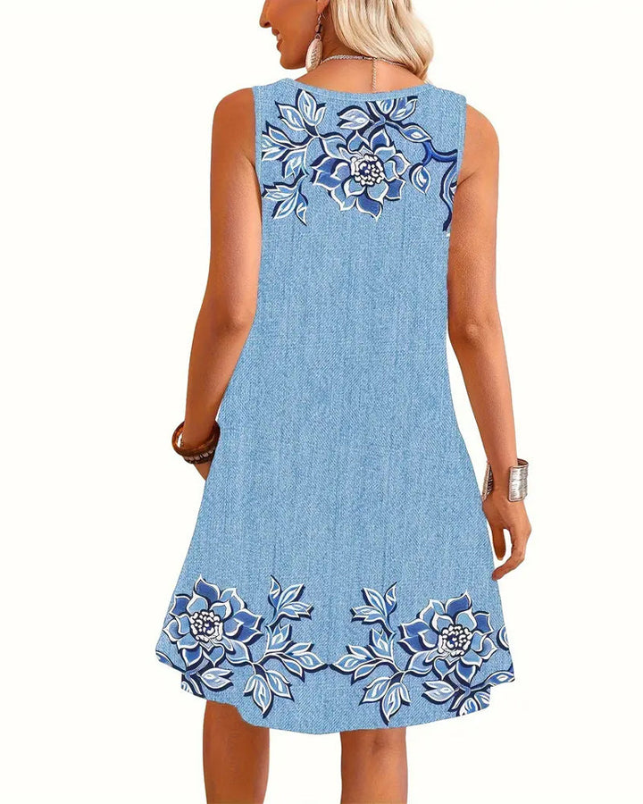 Elaya™ | Floral Denim Midi Dress