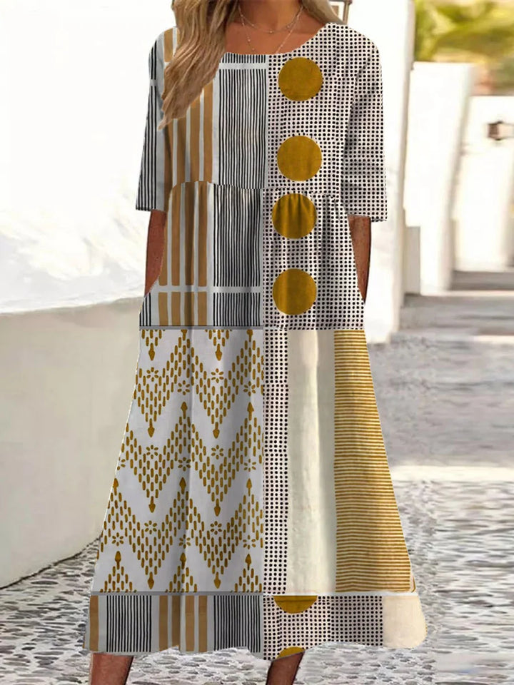 Xena - Vintage Abstract Geometry Art Print Casual Cotton And Linen Top and Dress