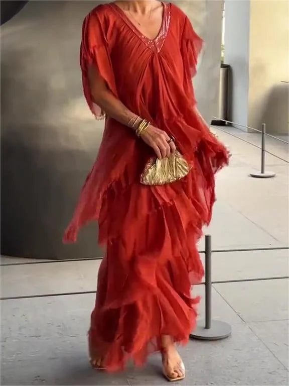 Blaise - Ruffled Sleeves V-Neck Maxi Dress