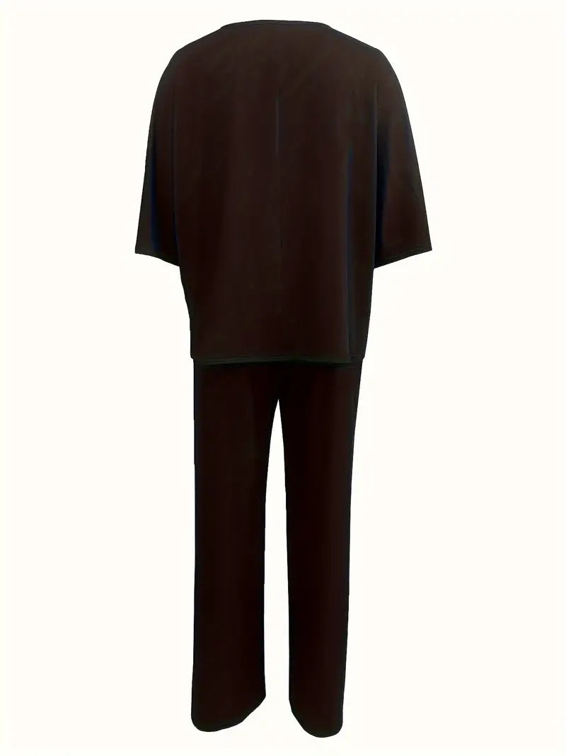 Mia™ - Casual V Neck Top with Wide Leg Pants Set