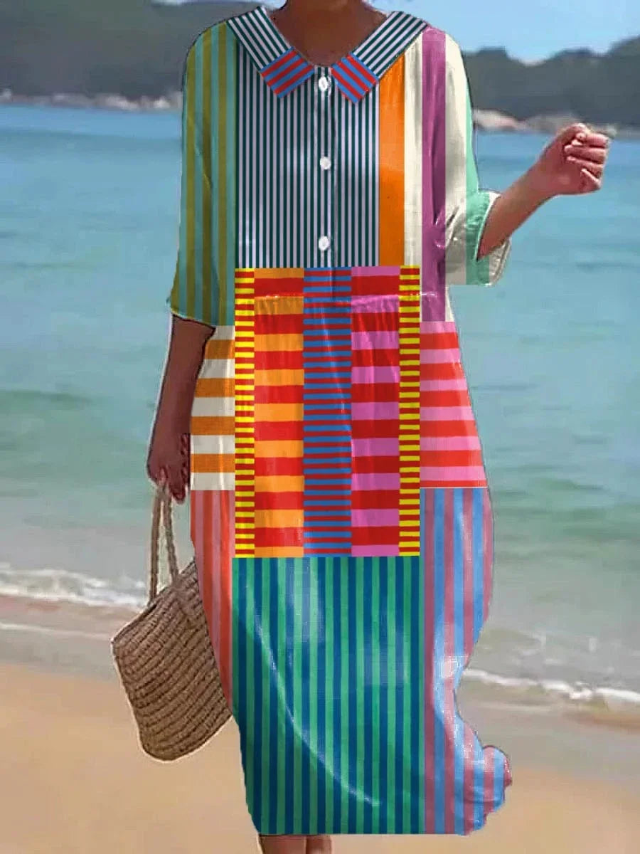 Rowena - Colorful Patchwork Striped Cotton Linen Top, Pant, Jumpsuit and Dress