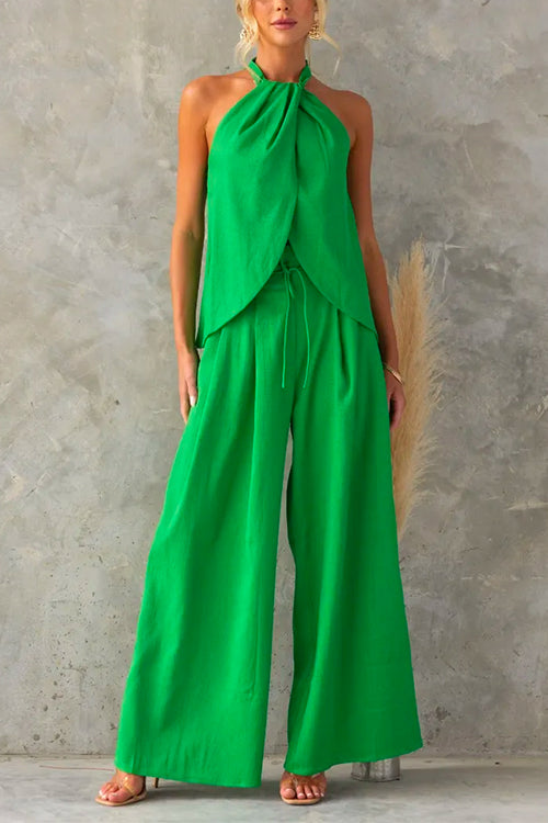 Sleeveless Halter Top & Wide-Leg Trousers Set