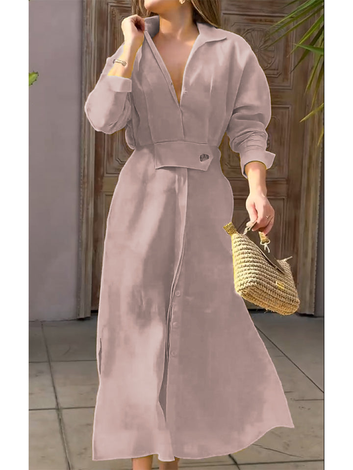 Olly - Waisted Linen Cotton Long Sleeve Dress