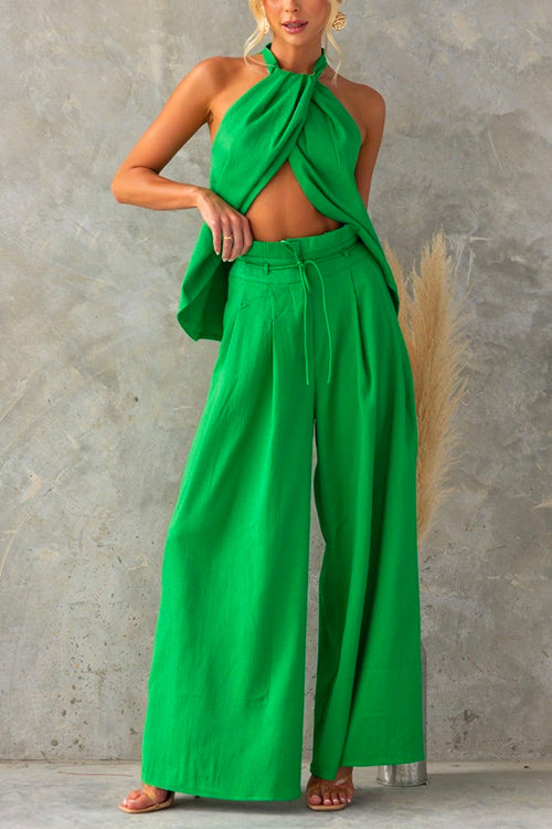 Sleeveless Halter Top & Wide-Leg Trousers Set