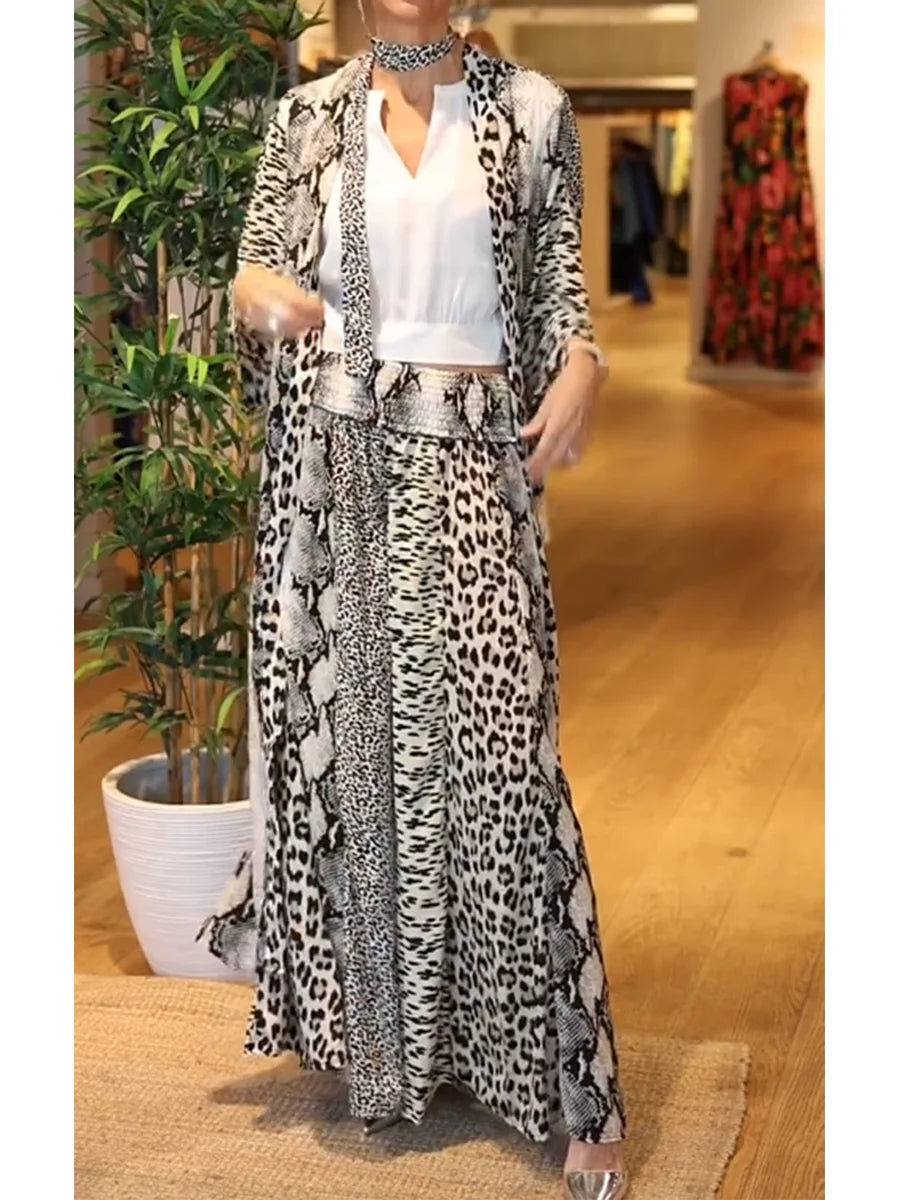 Venice - Animal Print Cotton and Linen Cardigan and Pants Two-piece Set