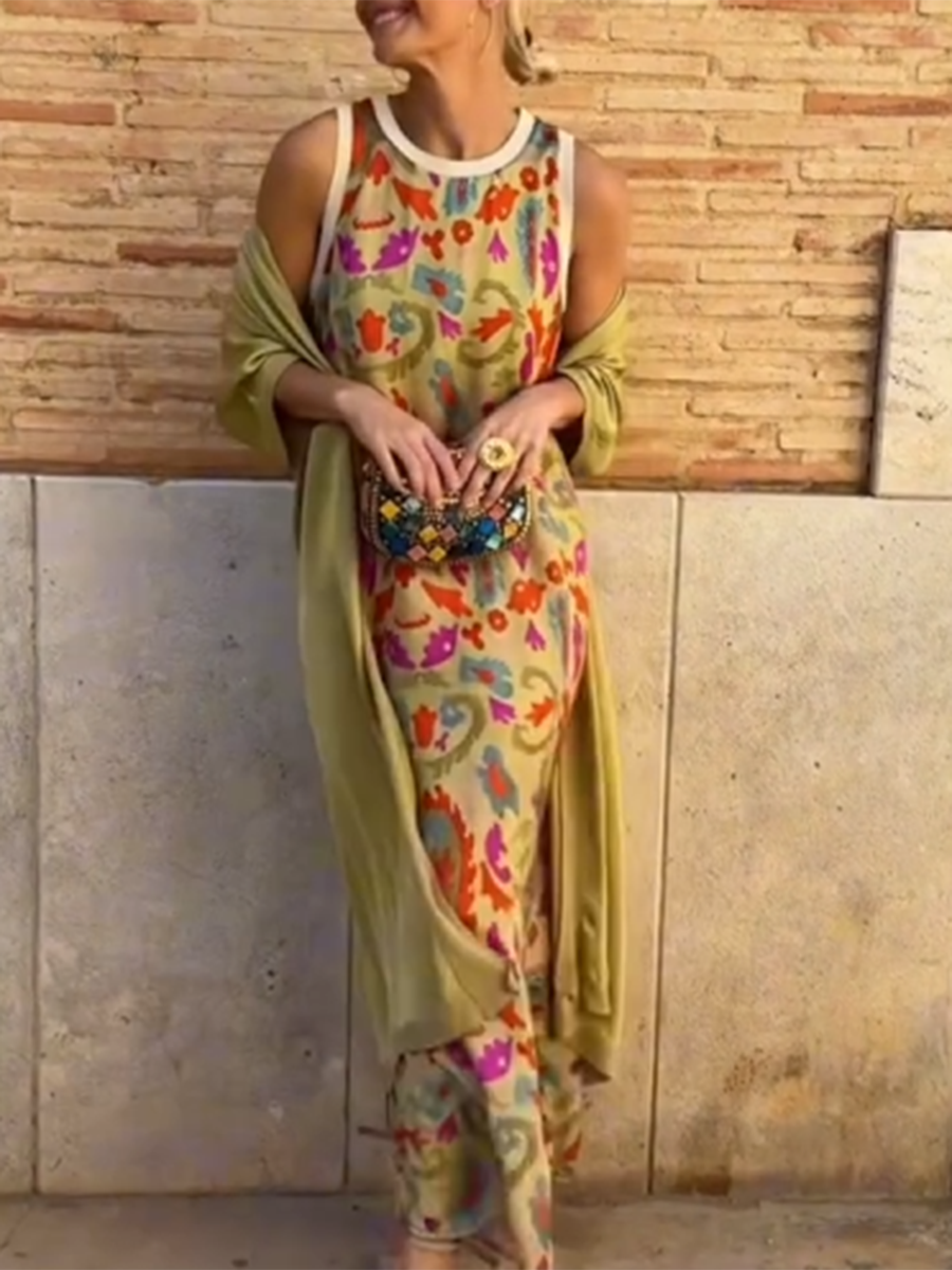 Vilma - Satin Cardigan Cover and Printed Sleeveless Dress