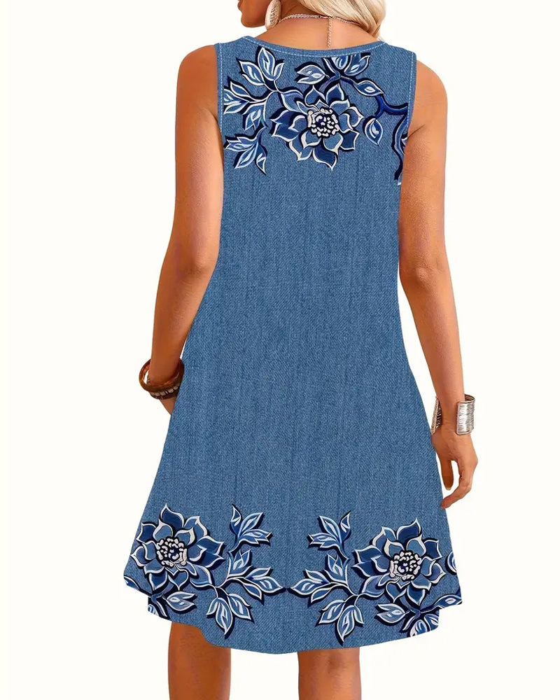 Elaya™ | Floral Denim Midi Dress