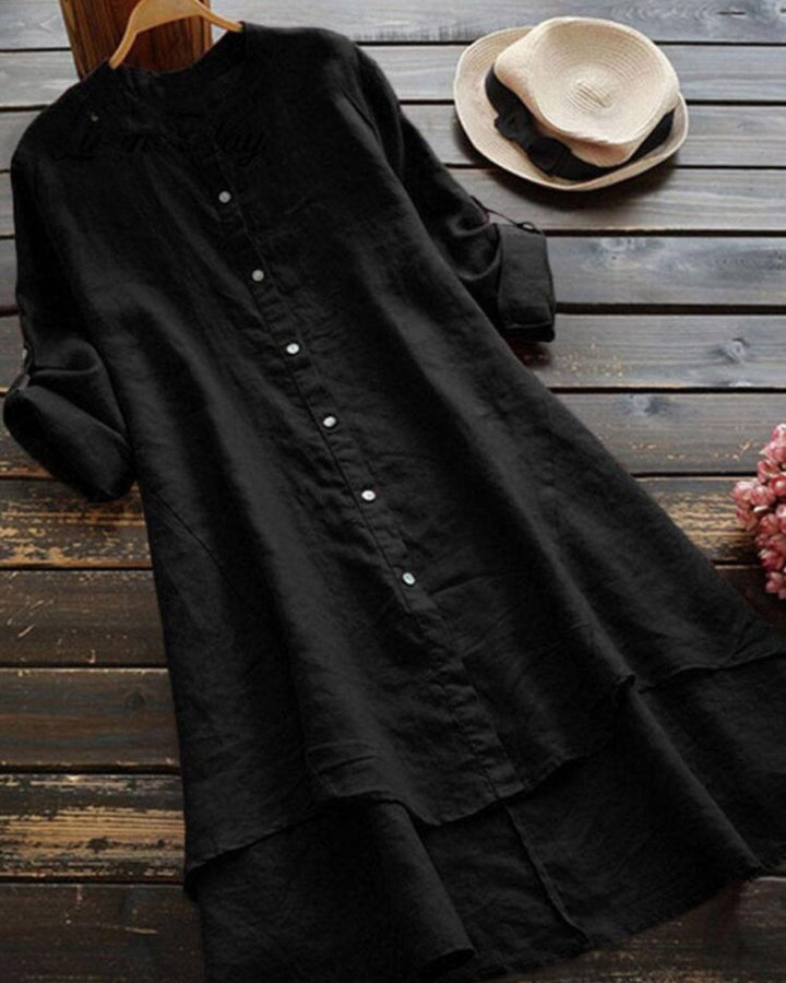 Zahara -Solid Color Loose Elegant Casual Cotton And Linen Shirt Dress