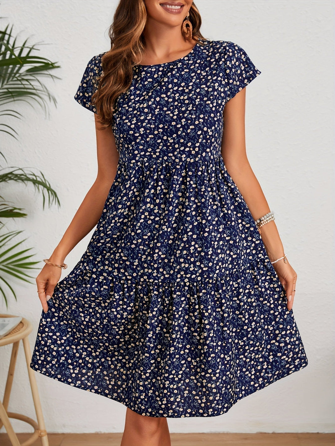 Callista - Floral Crew Neck Dress