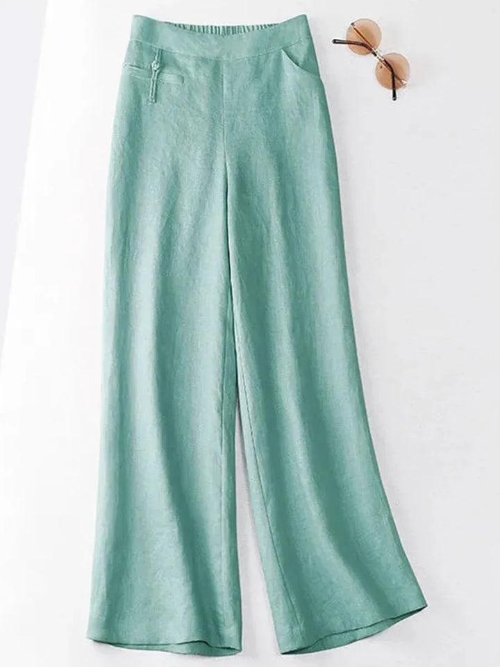 Hariet - Solid Color Button Half Elastic High Waist Casual Cotton and Linen Wide Leg Pants