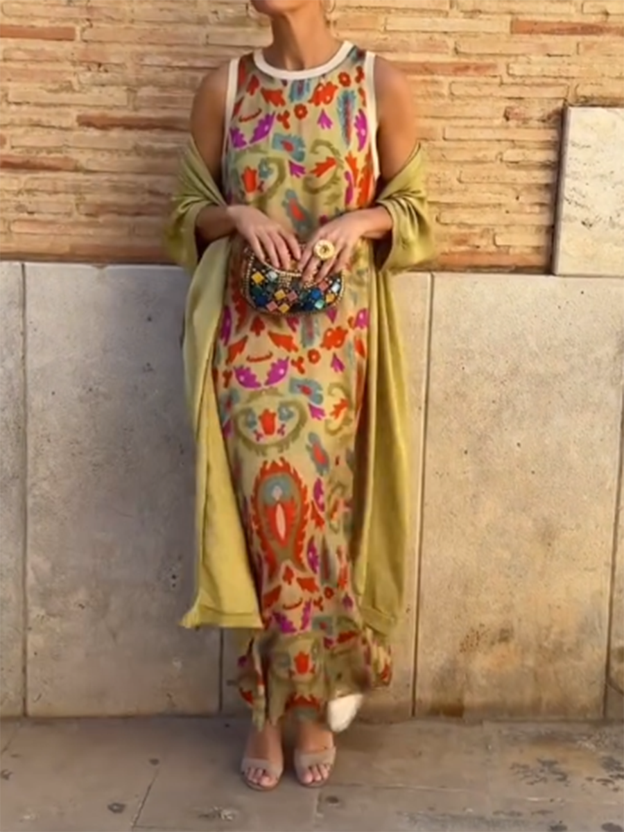Vilma - Satin Cardigan Cover and Printed Sleeveless Dress