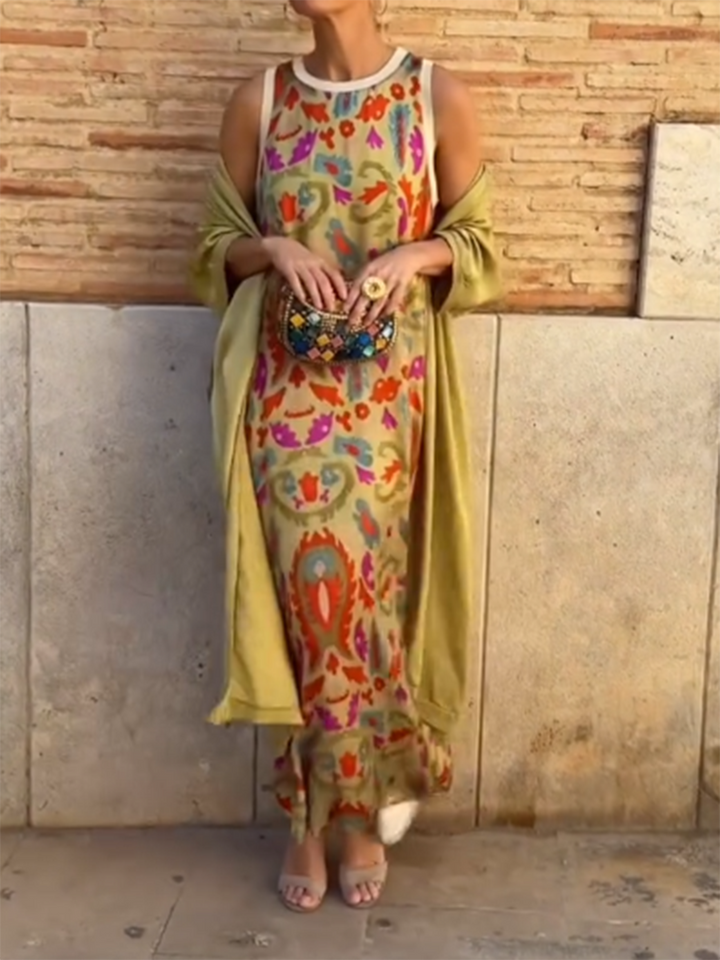 Vilma - Satin Cardigan Cover and Printed Sleeveless Dress