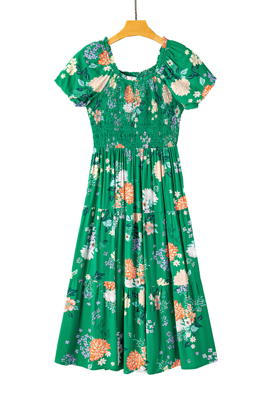 Floral Print Smocked Tiered Midi Dresses