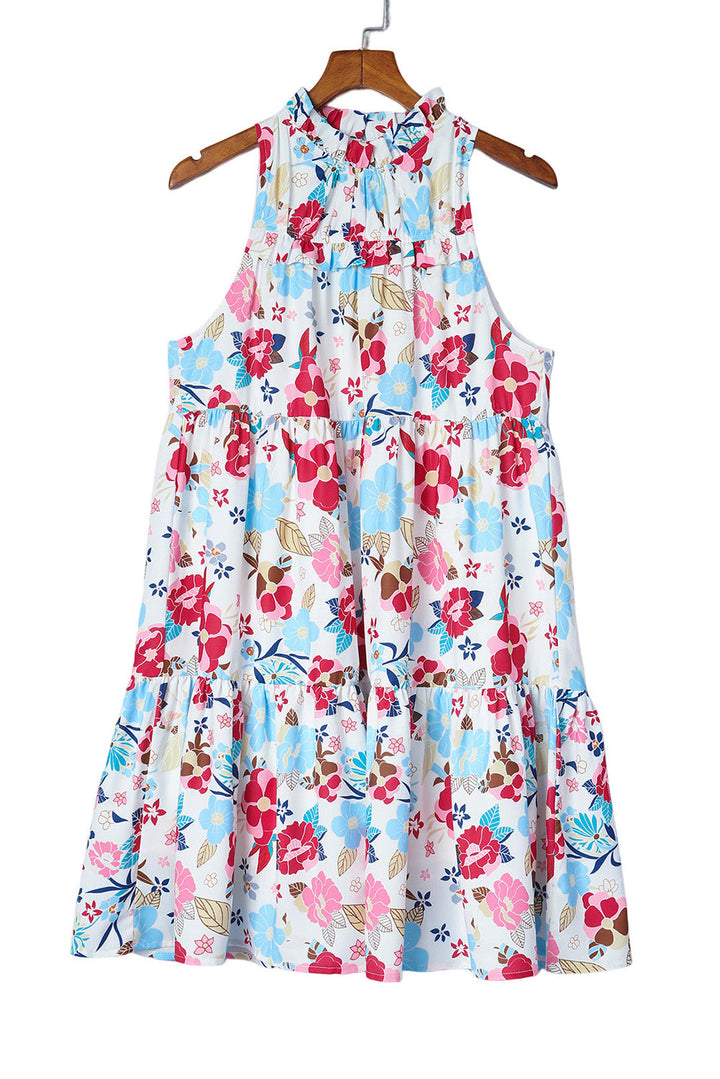 Frill Mock Neck Sleeveless Tiered Floral Dresses