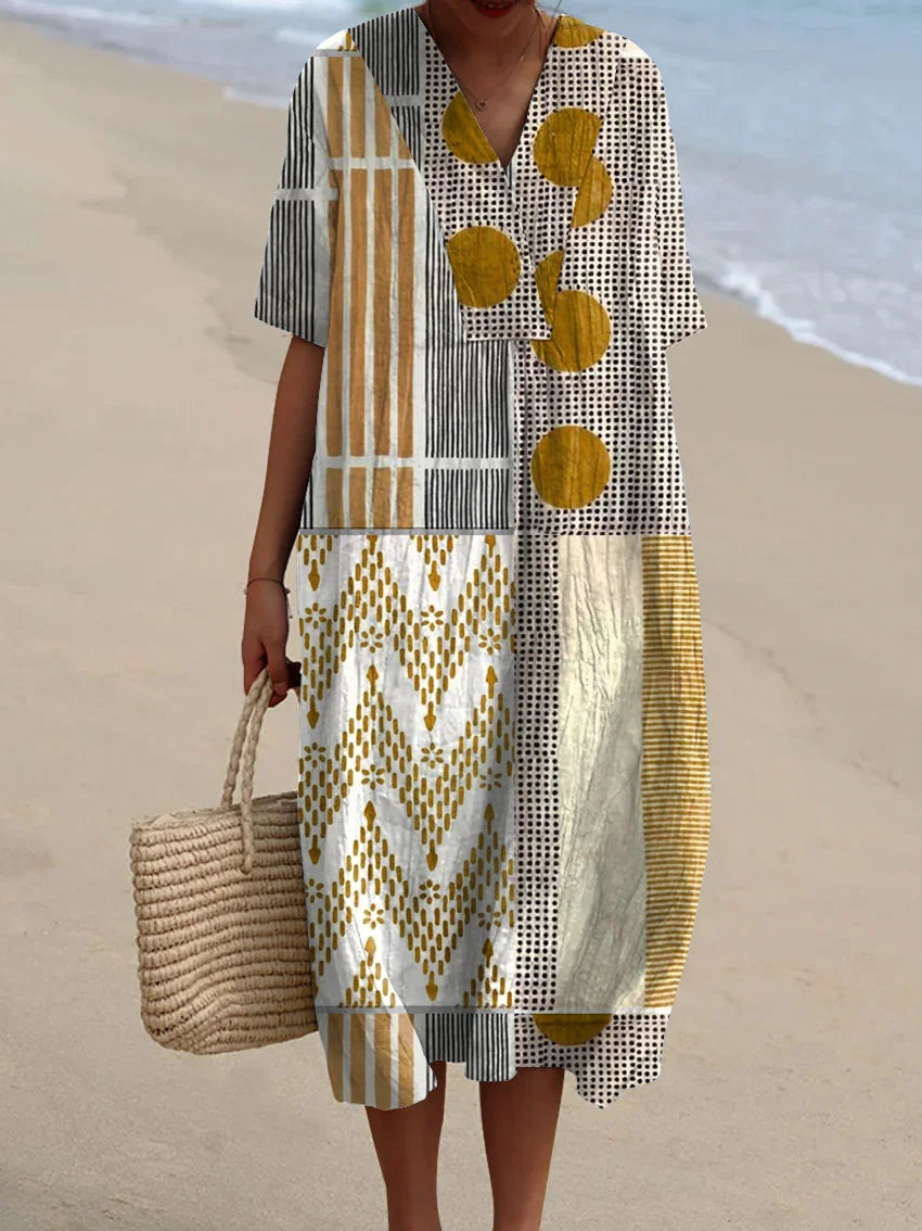 Xena - Vintage Abstract Geometry Art Print Casual Cotton And Linen Top and Dress