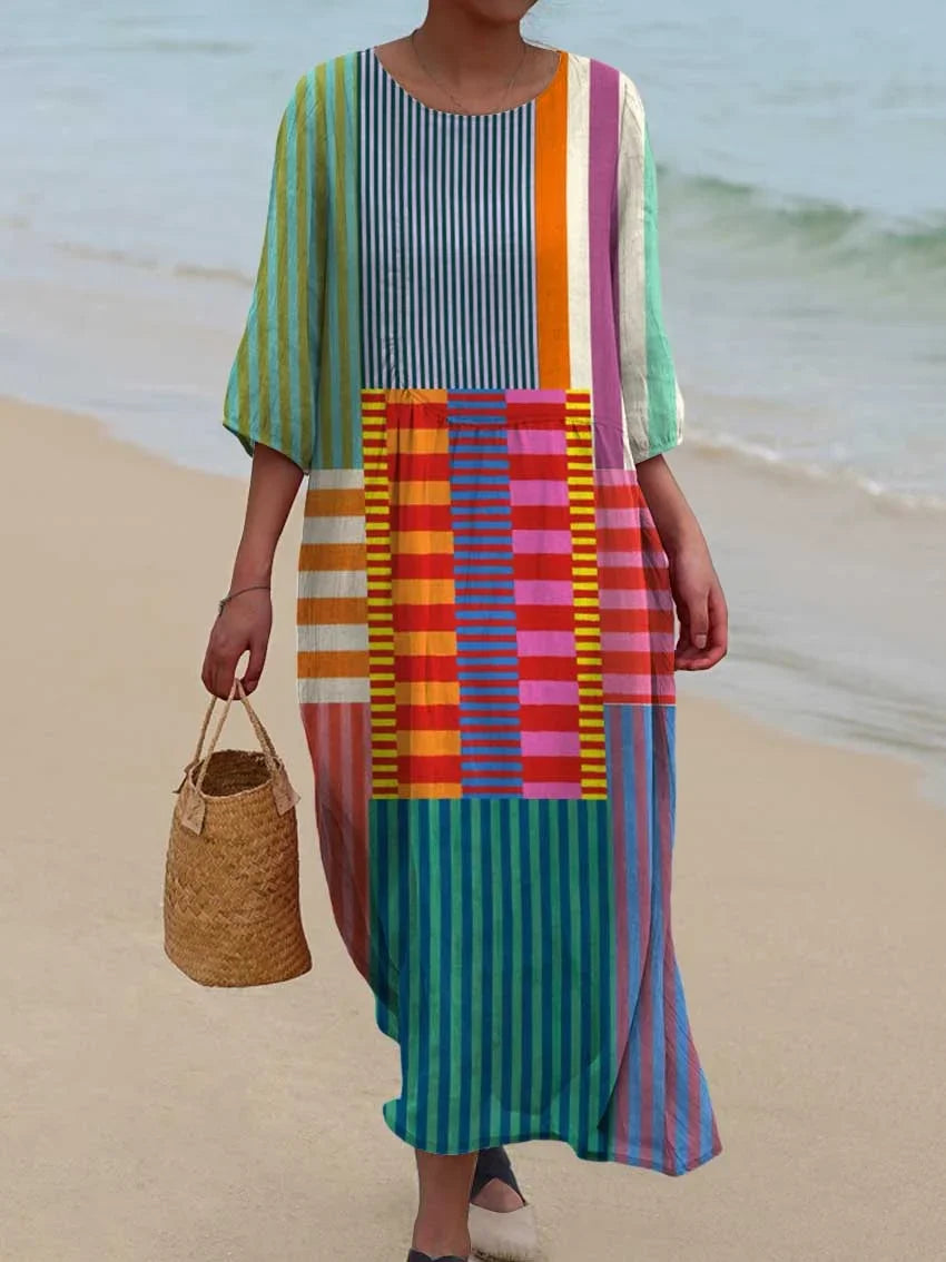 Rowena - Colorful Patchwork Striped Cotton Linen Top, Pant, Jumpsuit and Dress