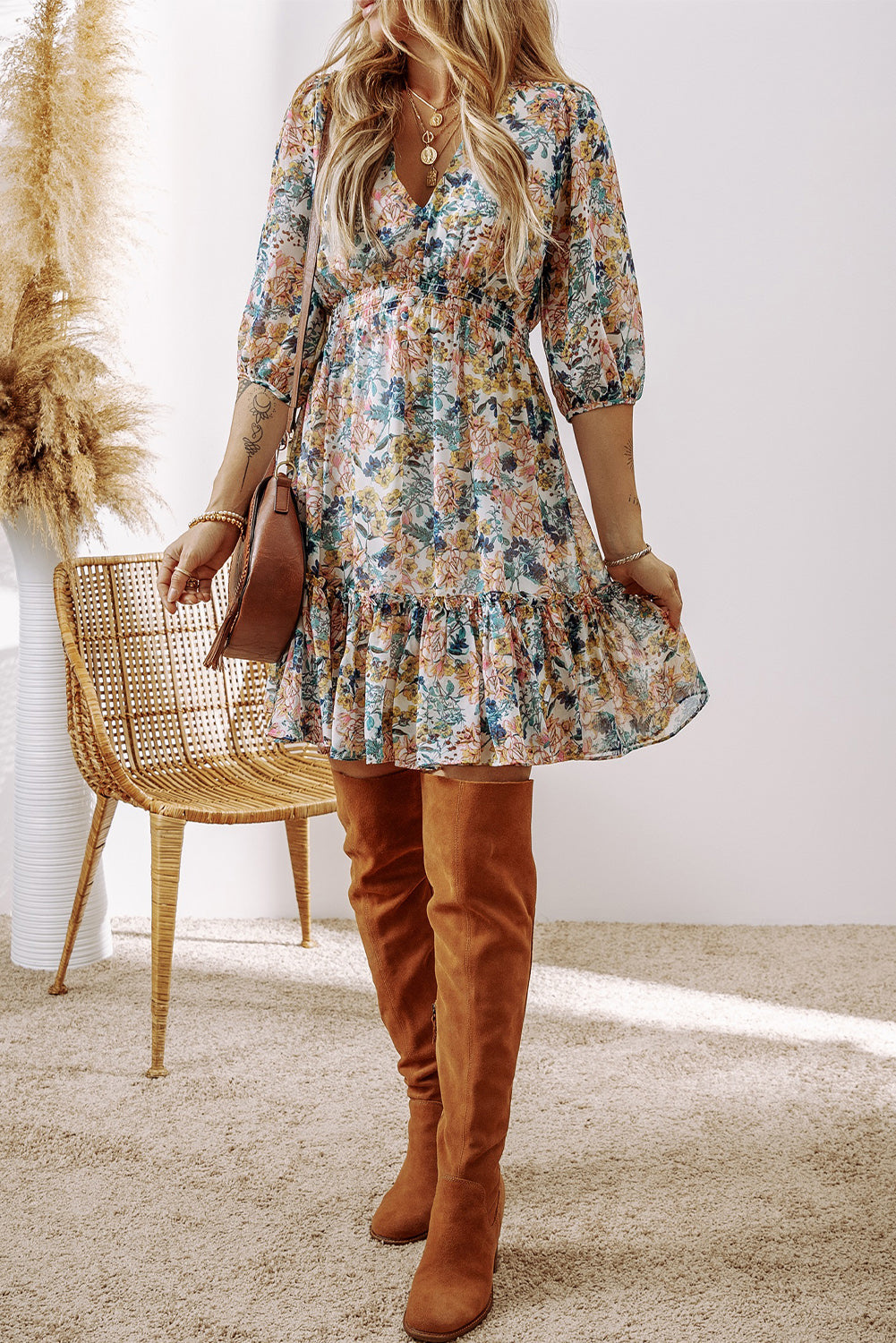 Floral 3/4 Sleeve V Neck Ruffled Dress