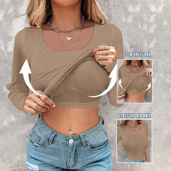 Arya | Neck Built-in Bra Long Sleeve Elegant Ribbed Top Shirts