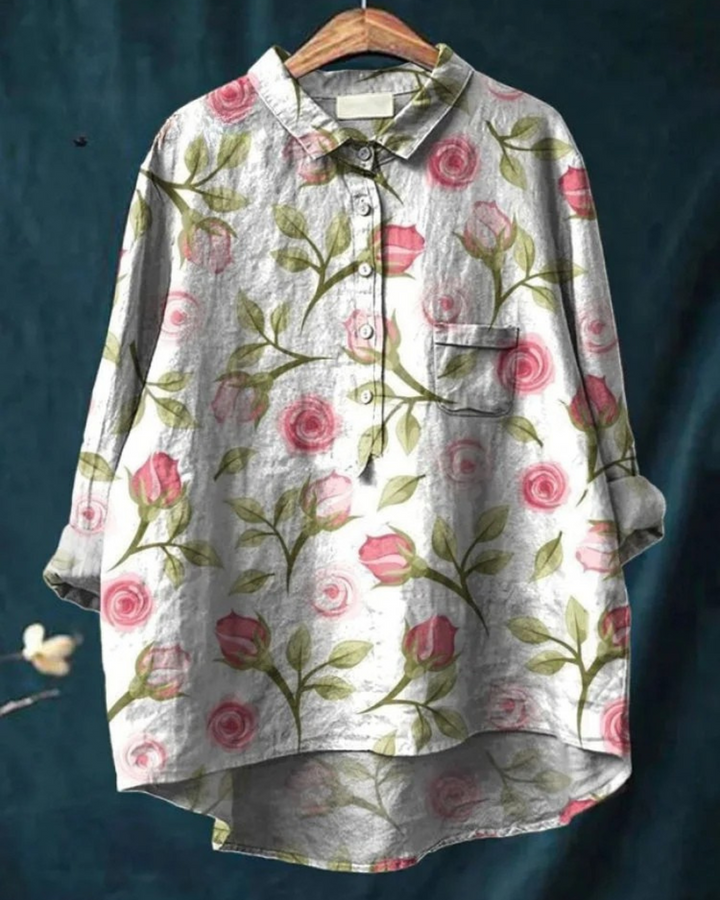 Bhea - Rose Flower Print Casual Cotton And Linen Shirt and Dress